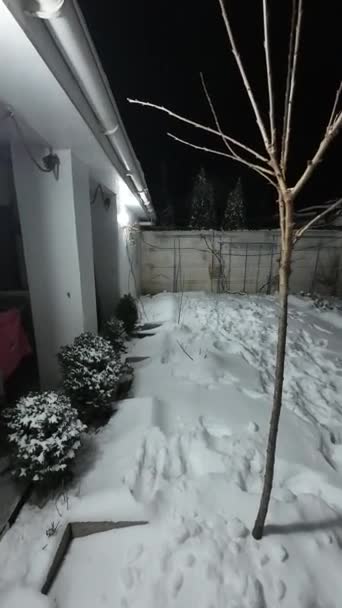 Pátio Neve Pátio Nevado Noite Gazebo Quintal Noite Durante Uma — Vídeo de Stock