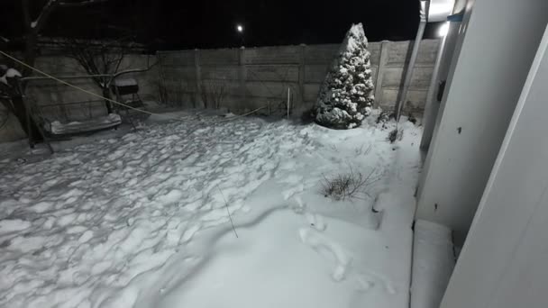 雪地里的天井 夜晚雪地的院子里 在一场大雪纷飞的冬日场景中 后院的灯笼草在夜晚 夜间住宅区被雪覆盖着 雪要下了 — 图库视频影像