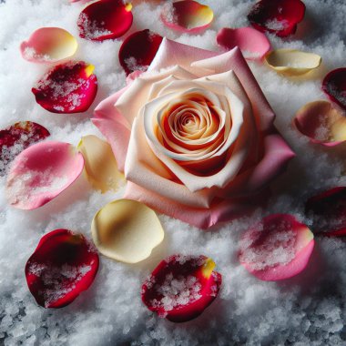 Karda gül yaprakları, karda çiçekler. Donmuş ve ezilmiş kırmızı gül soğuk karda kışın yolda. Karda Kırmızı Gül Yaprakları