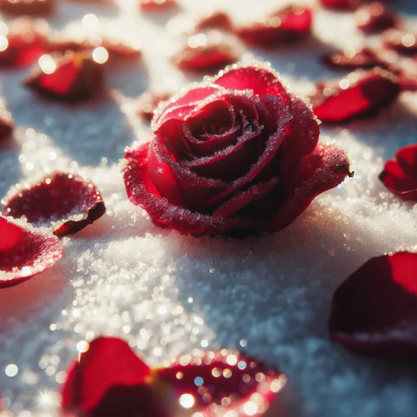 rose petals in the snow, flowers in the snow. Frozen and crushed red rose in the cold snow on the road in winter. Red Rose Petals on Snow