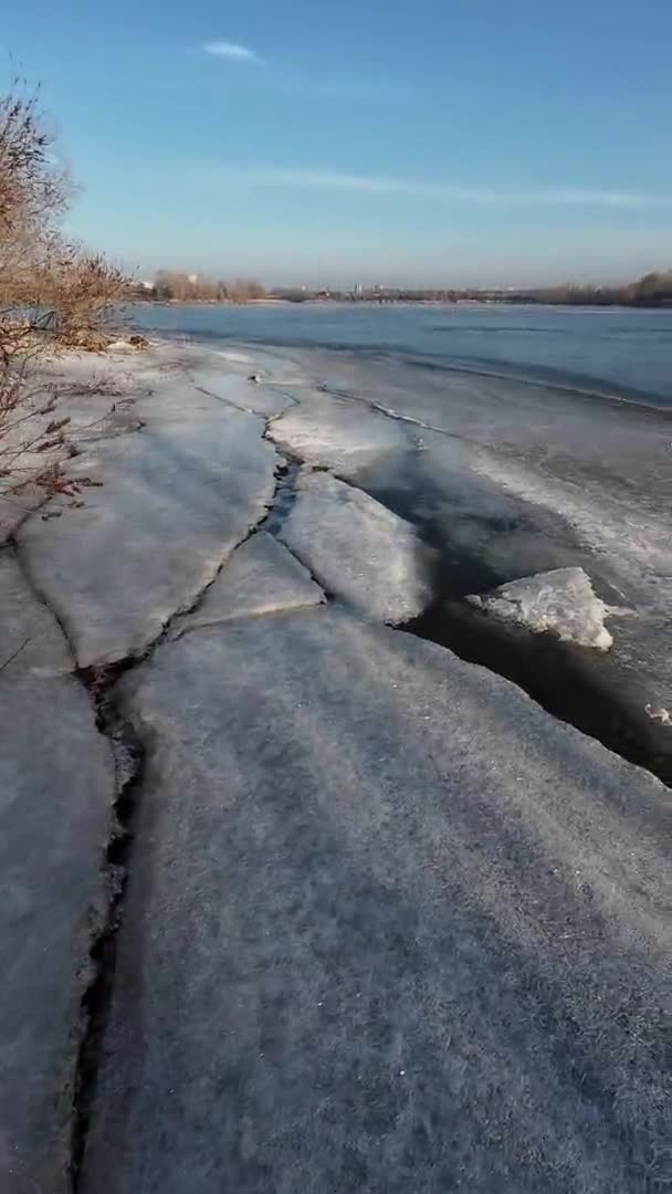 Лед Реке Ходить Замерзшей Реке Человек Ходит Снегу Льду Опасный — стоковое видео