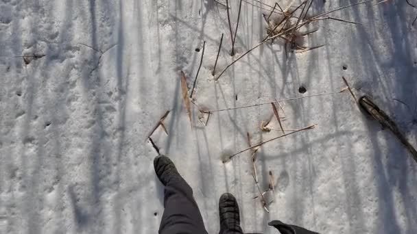 Gelo Rio Caminhar Sobre Rio Congelado Homem Anda Neve Gelo — Vídeo de Stock