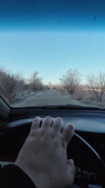 Şoför araba kullanıyor. Kötü yol. Yoldaki çukurlar. Kötü yol koşulları. Yoğun kar yağışı sırasında başka bir arabanın yanından geçen POV çalışanı, etrafta kış ağaçlarıyla birlikte.