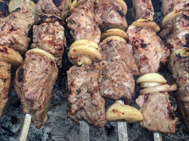 Barbeküde ızgara lezzetli yemeklere yakın çekim. Doğada lezzetli şiş kebap pişirme süreci. BBC 'deki metal şişte lezzetli yemekler. Piknik zamanı. Sokak yemeği. Yemek festivali. shashlik.