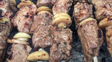 Barbeküde ızgara lezzetli yemeklere yakın çekim. Doğada lezzetli şiş kebap pişirme süreci. BBC 'deki metal şişte lezzetli yemekler. Piknik zamanı. Sokak yemeği. Yemek festivali. shashlik.