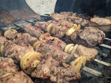 Barbeküde ızgara lezzetli yemeklere yakın çekim. Doğada lezzetli şiş kebap pişirme süreci. BBC 'deki metal şişte lezzetli yemekler. Piknik zamanı. Sokak yemeği. Yemek festivali. shashlik.