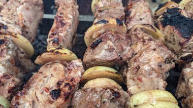 Barbeküde ızgara lezzetli yemeklere yakın çekim. Doğada lezzetli şiş kebap pişirme süreci. BBC 'deki metal şişte lezzetli yemekler. Piknik zamanı. Sokak yemeği. Yemek festivali. shashlik.