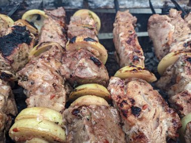 Barbeküde ızgara lezzetli yemeklere yakın çekim. Doğada lezzetli şiş kebap pişirme süreci. BBC 'deki metal şişte lezzetli yemekler. Piknik zamanı. Sokak yemeği. Yemek festivali. shashlik.