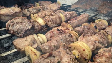 Barbeküde ızgara lezzetli yemeklere yakın çekim. Doğada lezzetli şiş kebap pişirme süreci. BBC 'deki metal şişte lezzetli yemekler. Piknik zamanı. Sokak yemeği. Yemek festivali. shashlik.