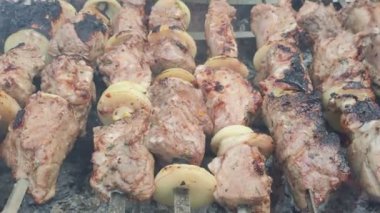 Barbeküde ızgara lezzetli yemeklere yakın çekim. Doğada lezzetli şiş kebap pişirme süreci. BBC 'deki metal şişte lezzetli yemekler. Piknik zamanı. Sokak yemeği. Yemek festivali. shashlik.