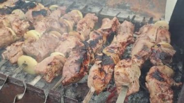 Barbeküde ızgara lezzetli yemeklere yakın çekim. Doğada lezzetli şiş kebap pişirme süreci. BBC 'deki metal şişte lezzetli yemekler. Piknik zamanı. Sokak yemeği. Yemek festivali. shashlik.