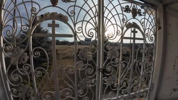 Красивые Кованые Ворота Вид Старую Городскую Архитектуру Каменными Лестницами Колоннами — стоковое видео