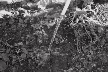 Tek renkli su akar gider. siyah ve beyaz su bir derede akar. İnanılmaz bir dokusu olan canlı, soyut, gri bir arkaplan. Ön odaklı yüksek hızlı kamera çekimi.