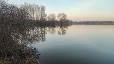 Nehirde akşam manzarası ve suda yansıması var. Renkli bulutlu gökyüzü ve ağaçlar sakin nehir suyuna yansıyor. Çimenler ve ağaçlar nehrin kıyısında yetişir. Evler suya yansıyor..