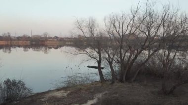 Nehirde akşam manzarası ve suda yansıması var. Renkli bulutlu gökyüzü ve ağaçlar sakin nehir suyuna yansıyor. Çimenler ve ağaçlar nehrin kıyısında yetişir. Evler suya yansıyor..