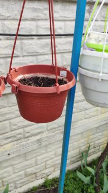 Boş saksılar. Çiçek saksıları asmak. çok renkli saksılar.