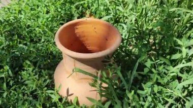 turuncu kil sürahi. Antika sürahi. Çamur kaplar açık hava dekorasyonu. Çatlakları olan bir grup eski kil kavanozu. Ortaçağ gümüş sikkelerinin hazinesi