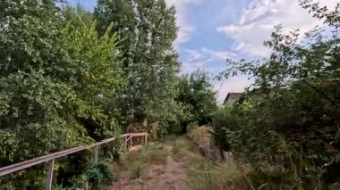 Sonbaharda yol boyunca yürüyorum. Sonbahar manzarası. Sonbahar yaprakları yerde. Dar yol. Nehir kenarında yürüyüş. Göl ve gökyüzü. Güzel doğal manzara. HDR video 4K 60 fps.