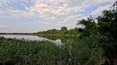 Sonbaharda yol boyunca yürüyorum. Sonbahar manzarası. Sonbahar yaprakları yerde. Dar yol. Nehir kenarında yürüyüş. Göl ve gökyüzü. Güzel doğal manzara. HDR video 4K 60 fps.