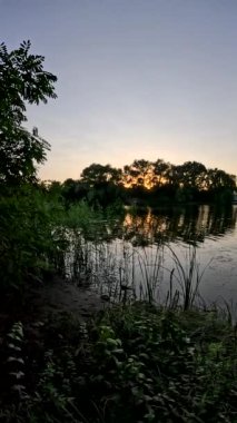 Nehirde gün batımı. Göl kıyısında gün doğumu. Güneş ağaçların arkasında. Gün batımı ve su ile güzel doğal manzara. Yüksek çözünürlüklü video Güneş suyun üzerinde parlıyor. Nehirdeki karanlık su.
