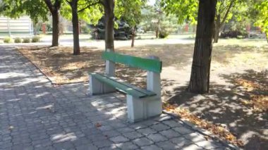 Sonbaharda dinlenmek için park et. Güneşli bir günde banklarla dolu bir sonbahar meydanı. Sonbahar yaprakları bir bankın yanında. Parkta dinlen. Parlak sonbahar güneşli günü. Meydanda yürü. şehir ortamı.