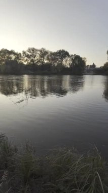 Nehirde gün batımı olan manzara. Doymuş video. Günlük profili. Düz renk profili. Gölde gün doğumu. Suyla doğal manzara. Sakin sakin su. Sudaki yansıma.