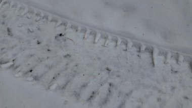 Karda lastik izleri. Yerde lastik izleri var. Kış lastikleri. Sega ve buza kış lastiği izi. Yavaş çekim videosu