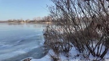 Donmuş göl. Ünlü bir yer. Buz nehri. Buzun içinde kıyıda sazlıklar. Göldeki buz çok güzel. Kış doğal manzarası. yüksek çözünürlüklü.