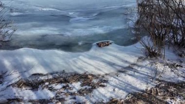 Donmuş göl. Ünlü bir yer. Buz nehri. Buzun içinde kıyıda sazlıklar. Göldeki buz çok güzel. Kış doğal manzarası. yüksek çözünürlüklü.