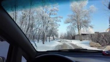Şoför karlı yolda gidiyor. Finlandiya 'da kar manzaralı orman ortamında POV kış yolculuğu heyecan vericiydi. Karda ünlü bir yol. Çam Ormanı 'nın arasındaki karda dümdüz yol, 4k