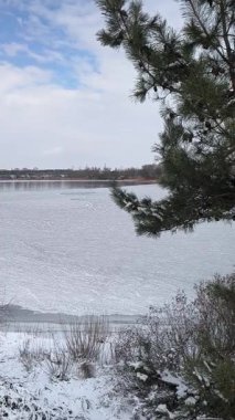 Gölün üzerindeki güneşli, dikey video manzarası. Güneşli bir havada gölün üzerinde dikey buz videosu. Kabarcıklı ve karlı şeffaf buz. Seçici odaklanma. Güzel kış doğası.