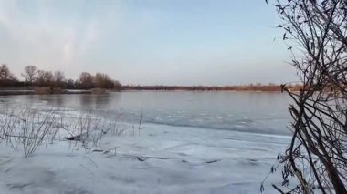 Nehirde buzla kaplı kış manzarası. Gölde çatlamış buz. Soğuk kış manzarası. Buz içinde donmuş ağaçlar. Su basmış ve donmuş toprak. Buzda kuşlar. Kış dönemi. Buzun bahar erimesi.
