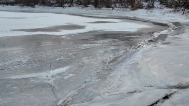 Nehirde buzla kaplı kış manzarası. Gölde çatlamış buz. Soğuk kış manzarası. Buz içinde donmuş ağaçlar. Su basmış ve donmuş toprak. Buzda kuşlar. Kış dönemi. Buzun bahar erimesi.