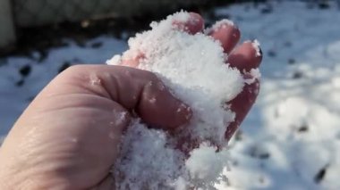 Avuçta kar var. Arka plan bulanık. Kış konsepti Ağır çekim. Yaklaş. Soğuk, güneşli bir havada elinde kar tutan bir adamın elindeki beyaz soğuk kar..