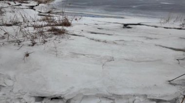 Donmuş göl üzerindeki ağır çekim kış manzarası. Nehirde buzlar kırıldı. Vahşi doğada kuş gözlemciliği. 4K 'de ağır çekim videosu. Göl kıyısının soğuk kış soğuğunun elde tutulan videosu.