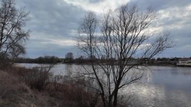 Göl kıyısındaki manzara. Nehirdeki yansıma. Nehrin kumlu kıyısı ve karanlık su. Doğa manzarası. Denize doğru yürü. Suda küçük dalgalar.