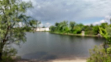 Bulanık arkaplan, gökyüzü ve nehir. Soyut doğa geçmişi. Nehir kıyısında bulanık bir video. Gökyüzüne karşı uzun ağaçlar. Ormanda yavaş çekim videosu. Kum ve nehir. Suyun üzerindeki bulutlu gökyüzü.