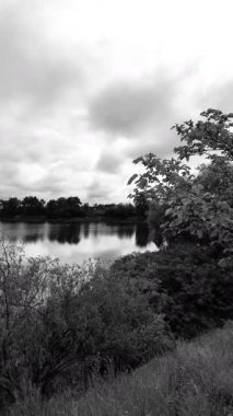 manzara siyah ve beyaz. Nehirle birlikte yavaş çekim siyah beyaz manzara. bulutlar ve nehir monokromu.