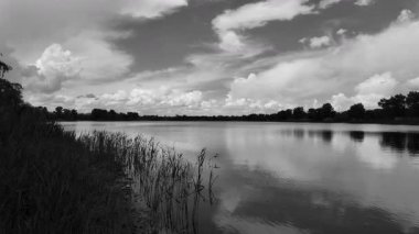 manzara siyah ve beyaz. Nehirle birlikte yavaş çekim siyah beyaz manzara. bulutlar ve nehir monokromu.