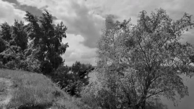 manzara siyah ve beyaz. Nehirle birlikte yavaş çekim siyah beyaz manzara. bulutlar ve nehir monokromu.