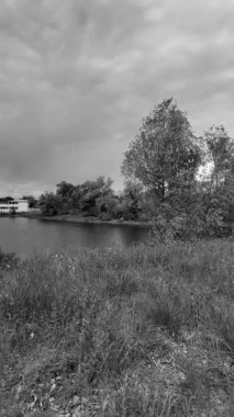 manzara siyah ve beyaz. Nehirle birlikte yavaş çekim siyah beyaz manzara. bulutlar ve nehir monokromu.