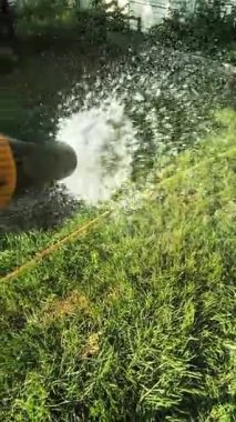 Bahçıvan bahçeyi bir hortumla sular. Yaz kuraklığı sırasında bahçe hortumuyla yeşil arka bahçe çimlerini sulamak..