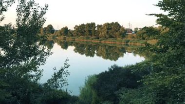 Nehirli yaz manzarası. Nehirdeki yansıma. Küçük güzel göl.