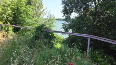 Yazın insan doğada yürür. Bir dağ ormanındaki patika boyunca yürüyen bir adamın yakın plan görüntüsü. Hala yavaş çekimde.