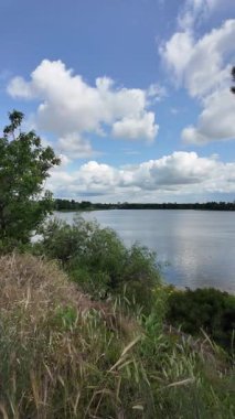 Nehrin kıyısına yürü. Göl kıyısı. Nehir kıyısında. Çimenler ve ağaçlar gölün kıyısında yetişir. Söğütlerin dalları suyun üzerinde uzanıyor. Uzak sahilde apartmanlar var..