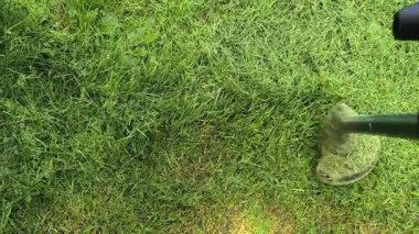 Bahçıvan uzun yeşil çimenleri biçer, erkeksi elleri tutar, çim biçme makinesi, farklı yönlerde uçan yabani otlar, yakın plan