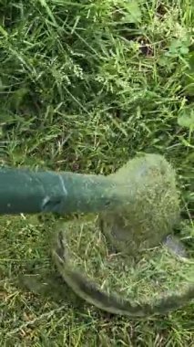 Bahçıvan uzun yeşil çimenleri biçer, erkeksi elleri tutar, çim biçme makinesi, farklı yönlerde uçan yabani otlar, yakın plan