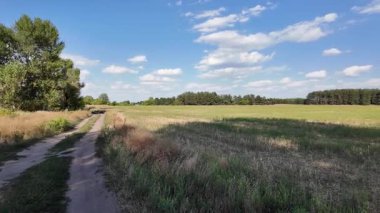 Bulutlu bir gökyüzünün altında güzel yeşil çayır, kırsal tarım manzarası, hızlandırılmış zaman manzarası. Ukrayna manzarası. Ukrayna. yüksek kaliteli üst görüntü.