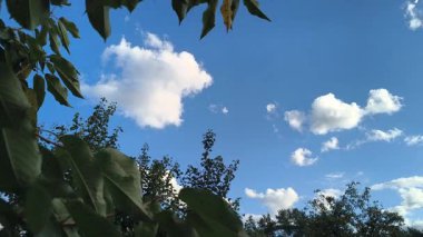 Mavi gökyüzü ve beyaz bulutlar. Gökyüzündeki ışık huzmeleri. Gökyüzündeki güneş. Doğanın doğal videosu. 4k doğal video. doğal arkaplan.