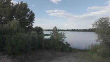 Su kıyısındaki doğal manzara. Göl kıyısı. Sudaki bulutların yansıması. Nehirle akşam manzarası. Denize doğru yürü. Su yüzeyi. Ukrayna. Düz renk profilli 4k video. D-Günlük M.